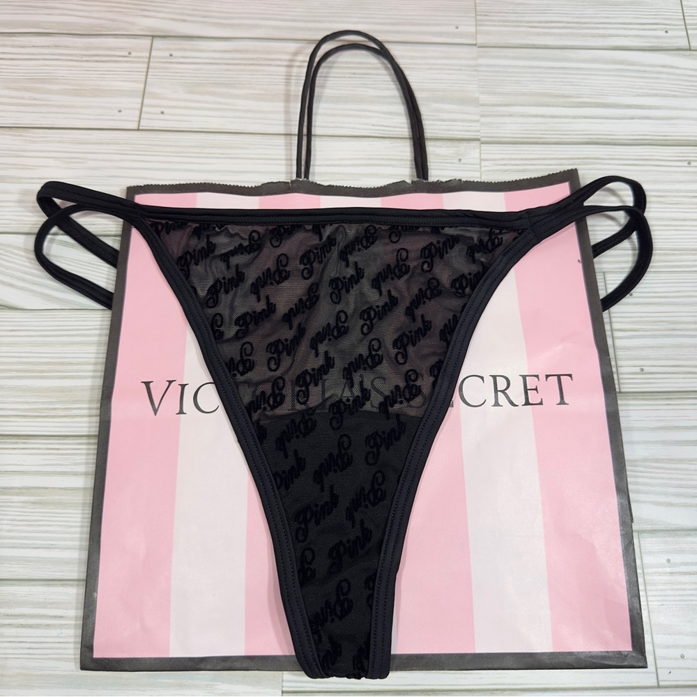 Victoria’s Secret Black Sheer Thong Panty L NWT Pink Velvet‎ Logo Sexy Intimates
